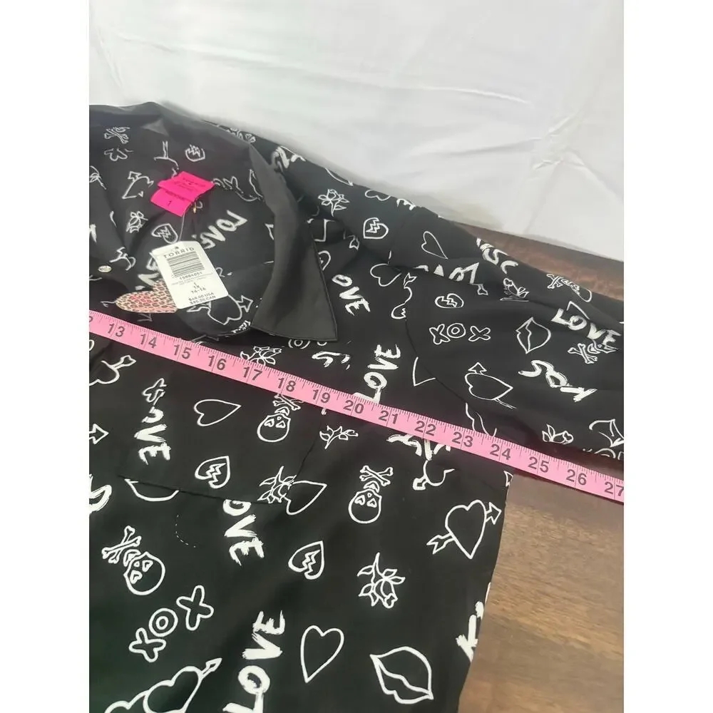 Torrid x Betsy Johnson Skull Hearts Black Georgette Blouse 1X NWT